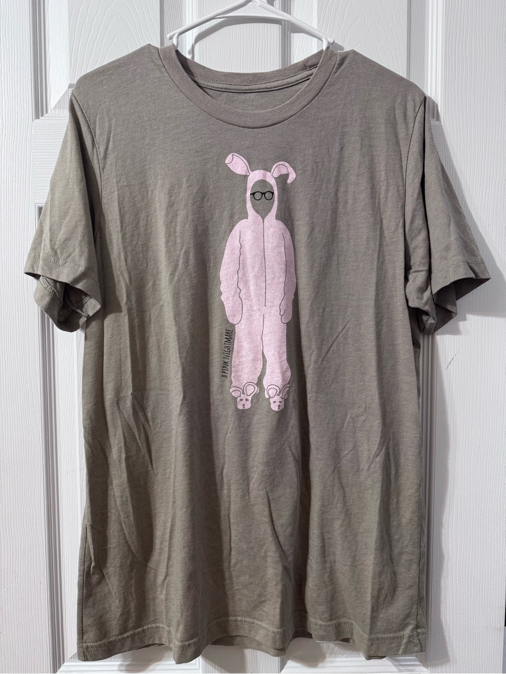 Gray Graphic Tee with Pink Bunny Figure